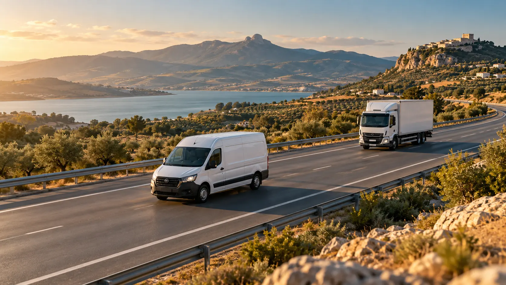 Illustration créée pour GPS.TN : un utilitaire et un camion circulent sur une route dans un paysage méditerranéen.