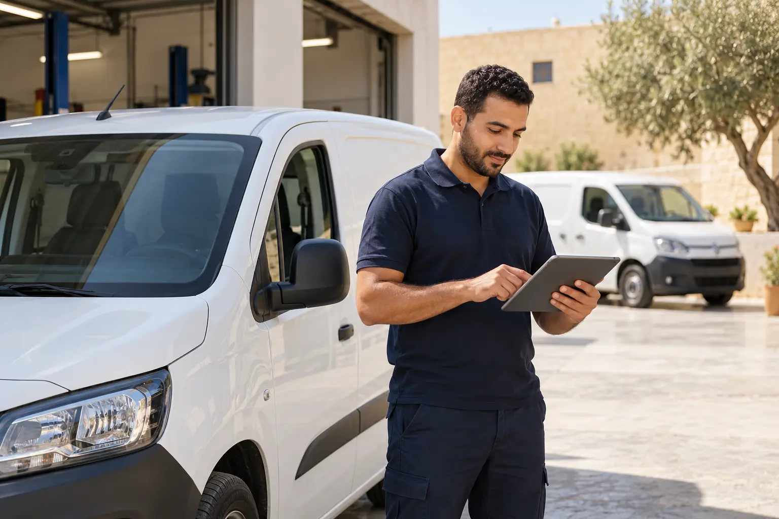 Illustration créée pour GPS.TN : un professionnel consulte une tablette près d’un véhicule utilitaire.